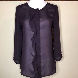 H&M 3/4 Sleeve Purple Sheer Ruffle Front Blouse